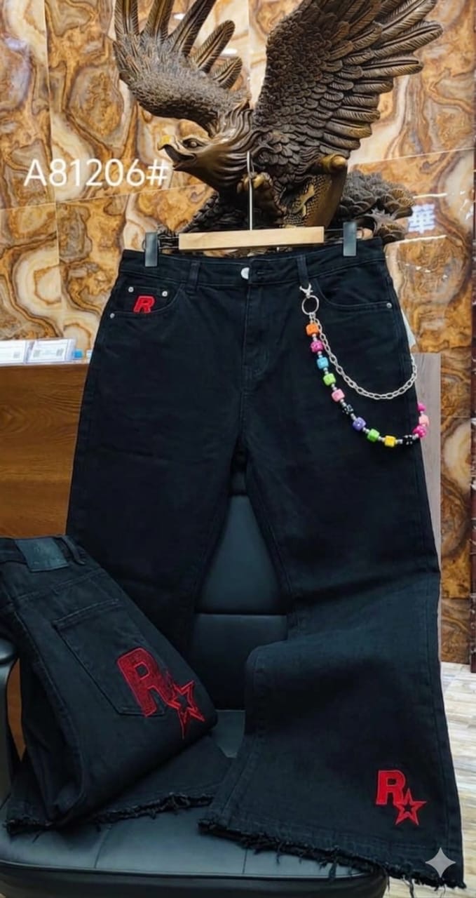 Solid Black Raw-Edge Flare Jeans with Colorful Beaded Chain and Red Star Logo
