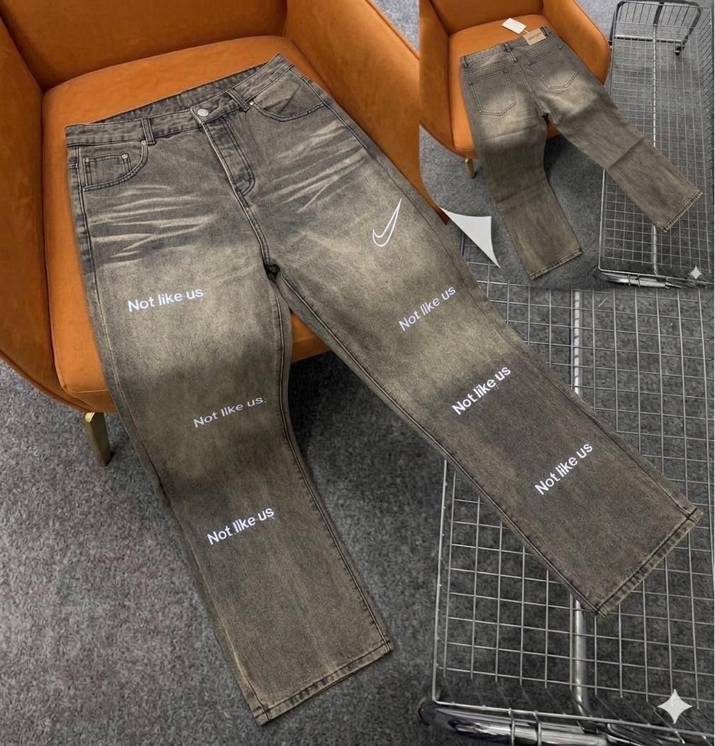 Earth-Toned Acid-Wash Straight Jeans with "Not like us" Typography and Swoosh Detail