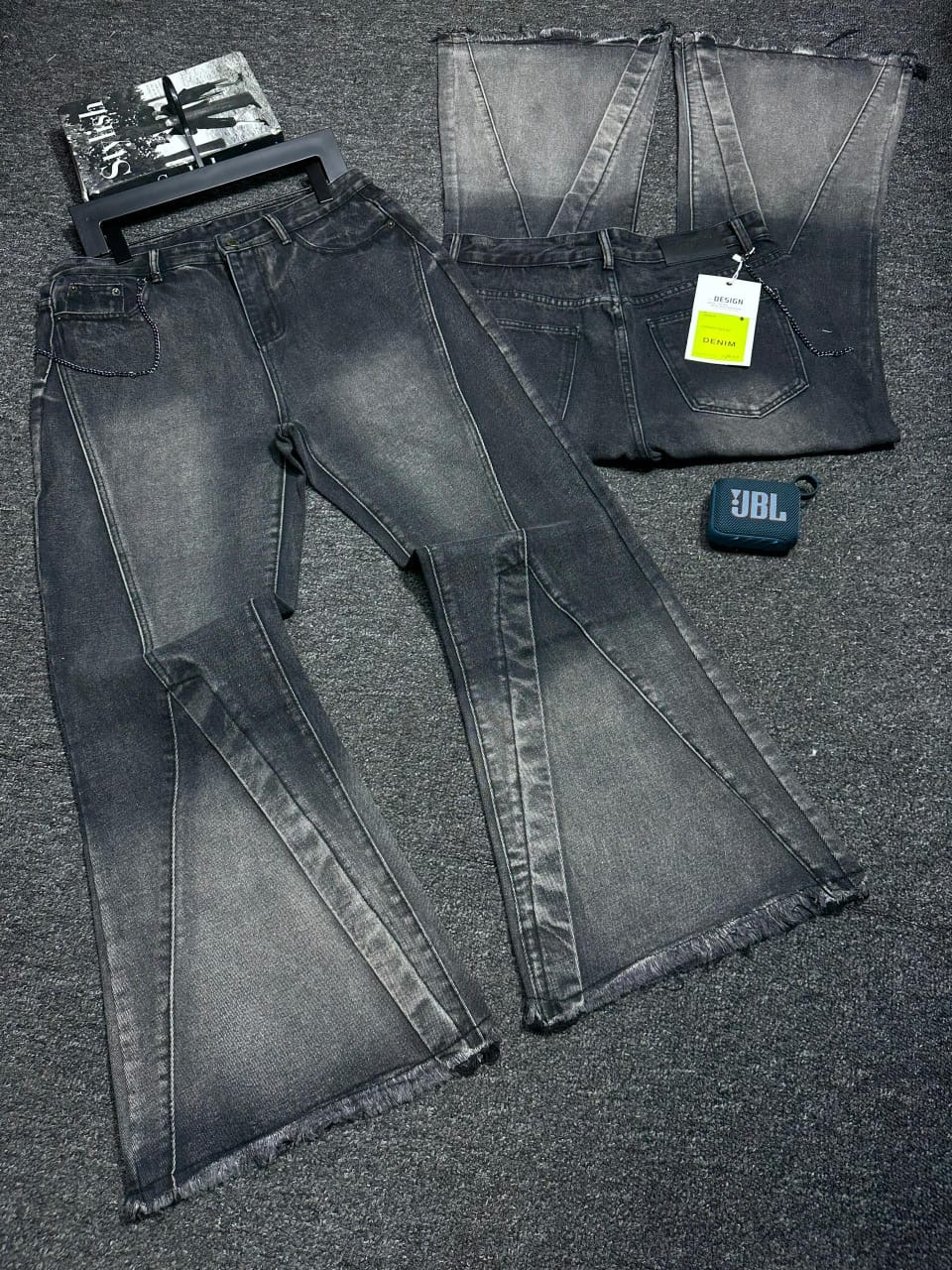 Two-Tone Faded Black Wide-Flare Jeans with Extended V-Shape Front Paneling