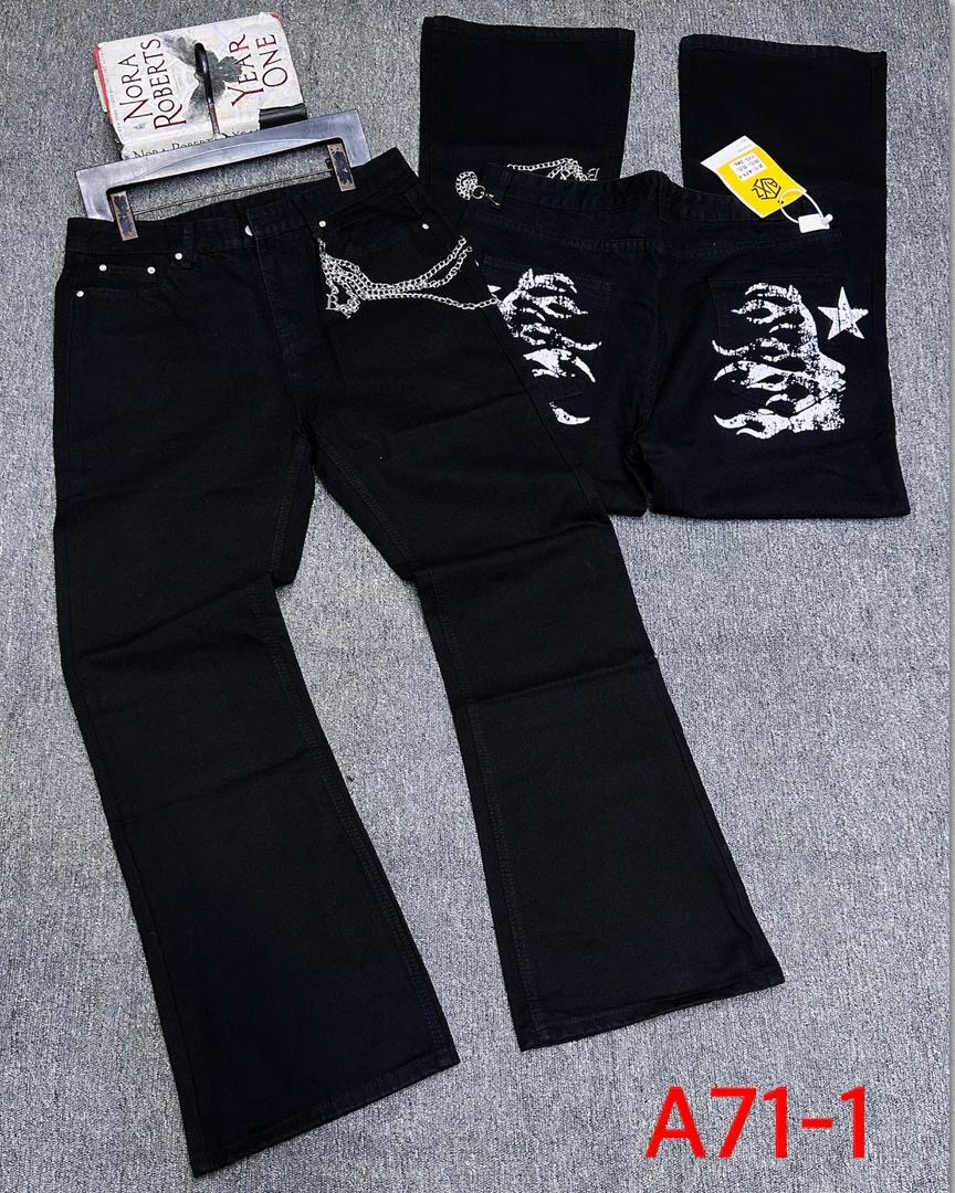 Deep Black Bootcut Jeans with Silver Pocket Chains and Abstract White Flame Embroidery