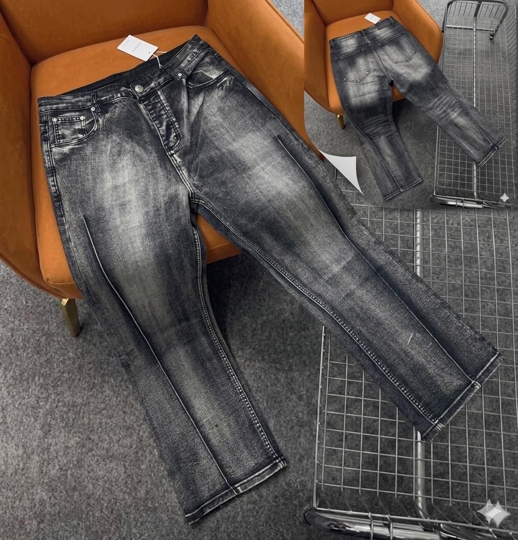 High-Contrast Charcoal Acid-Wash Jeans with Pronounced Vertical Front Pleat Seams