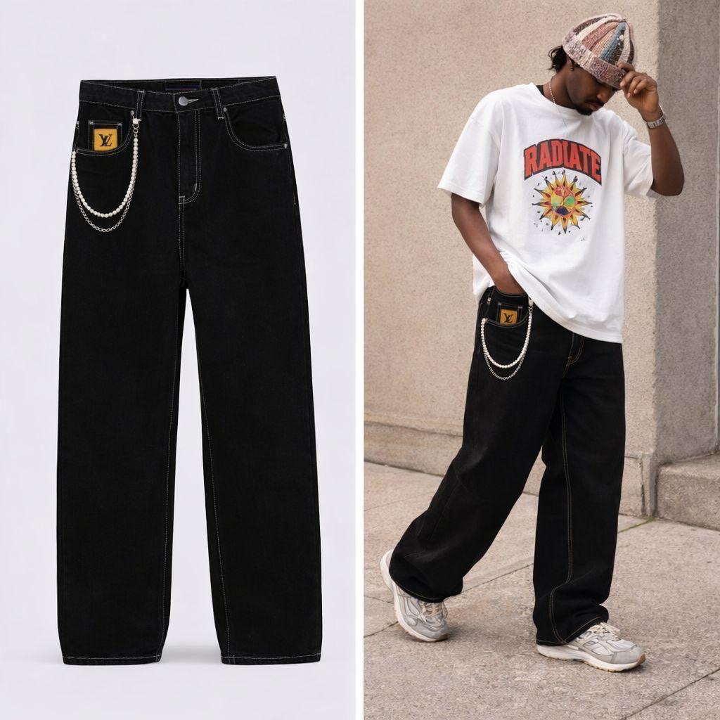 Raw Jet-Black Loose-Fit Streetwear Jeans with Gold Monogram Tag and Pearl Wallet Chain
