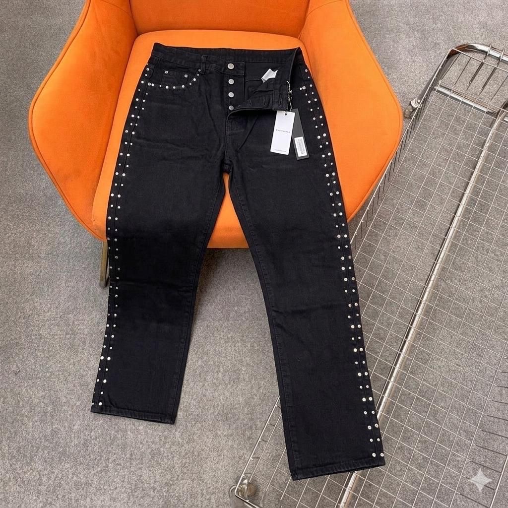 Jet-Black Straight-Leg Jeans with Double-Row Silver Studded Outseams