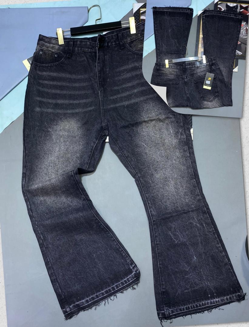 Heavy Acid-Wash Charcoal Flare Jeans with Distressed Raw Hems