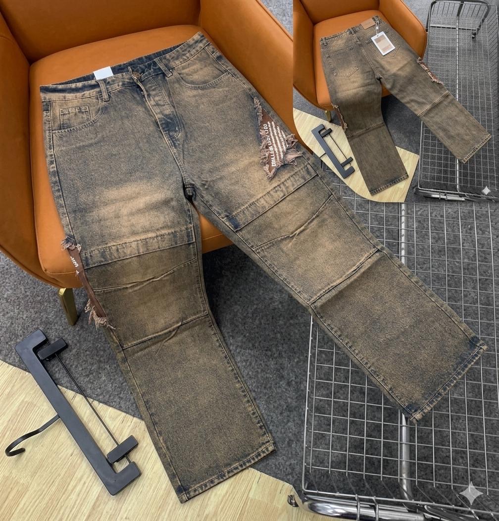 Mud-Toned Earthy Acid-Wash Cargo Jeans with Distressed Text Panels