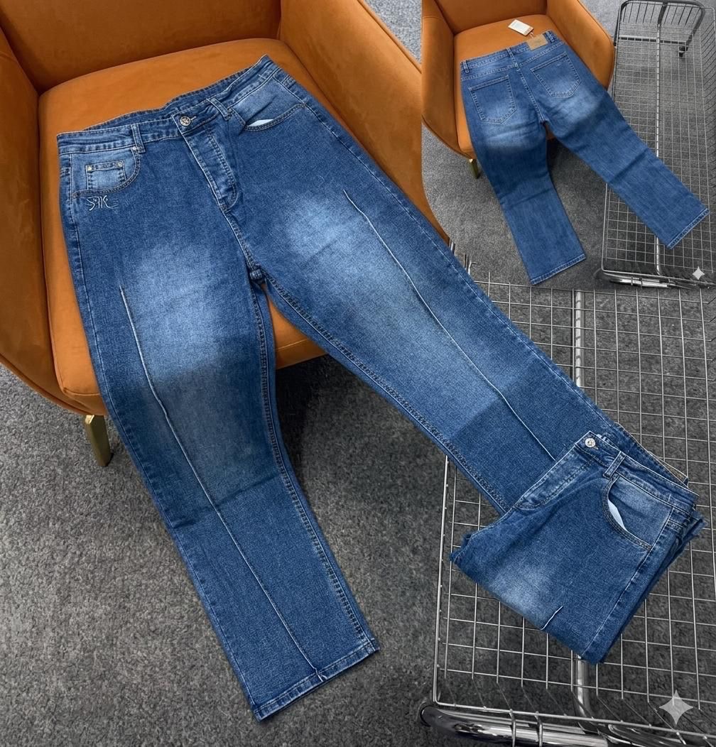 Classic Medium-Blue Straight Jeans with Sharp Center-Leg Pleat Seams