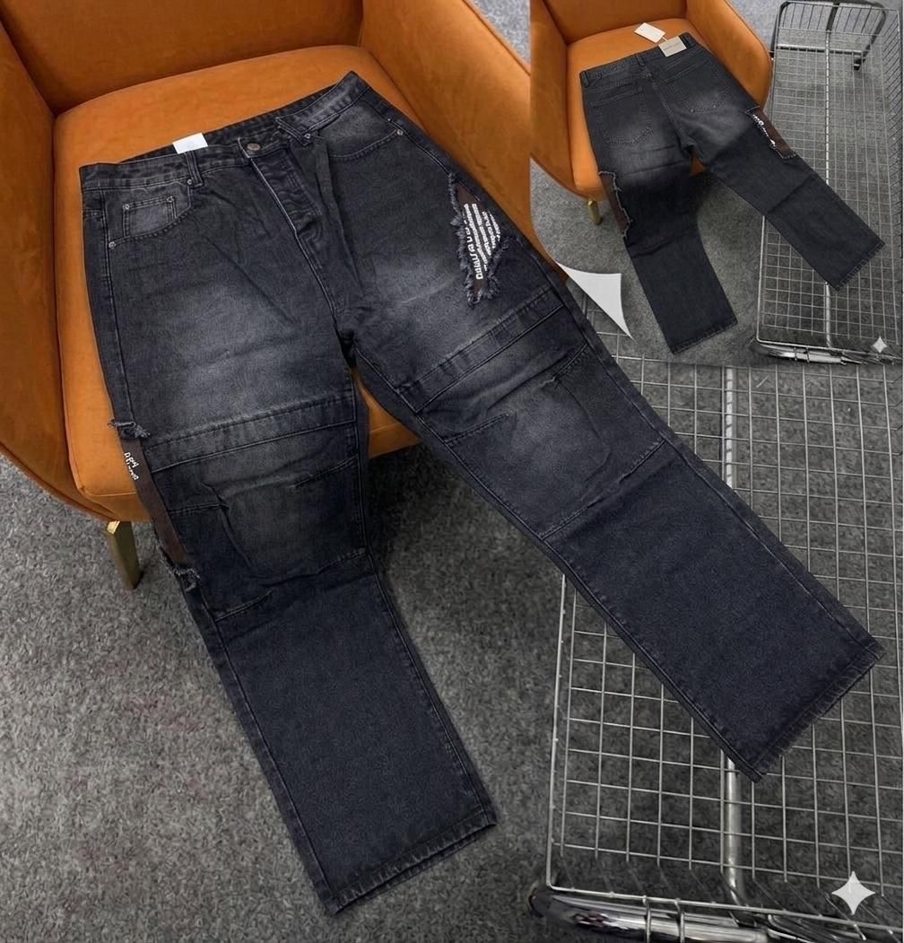Dark Charcoal Panel-Stitched Jeans with Frayed Distress Distortions