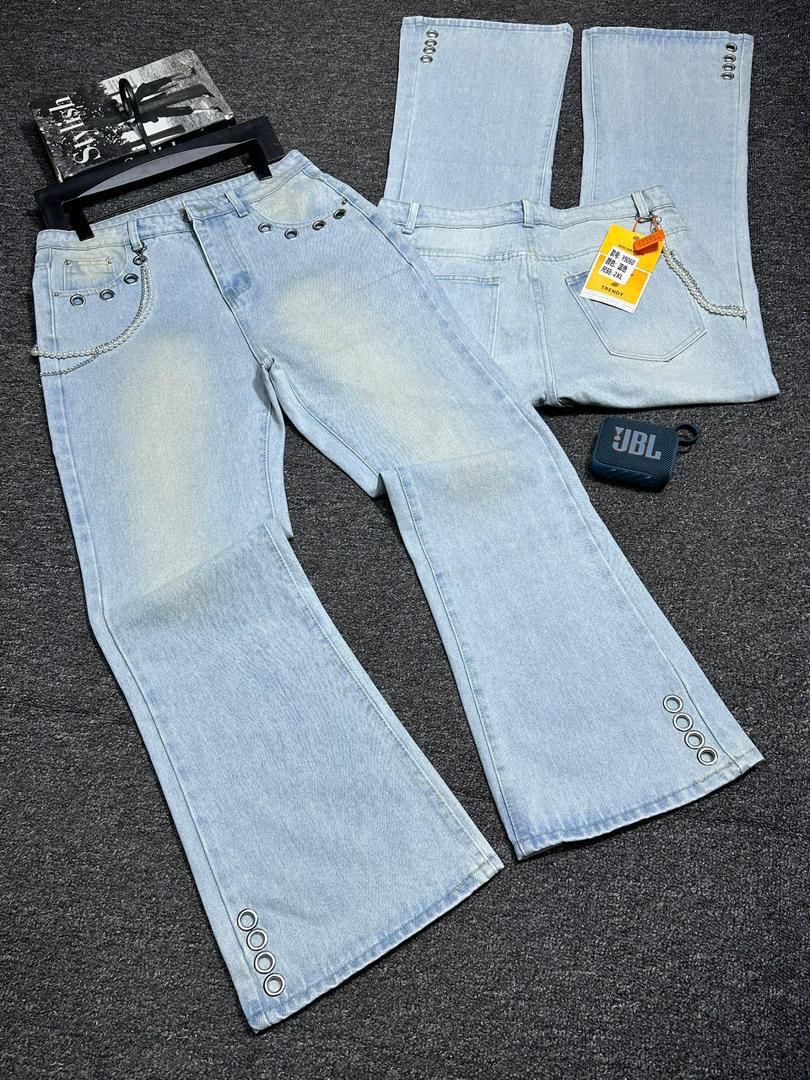 Ice-Blue Bleach-Washed Flare Jeans with Metal Grommet Vents and Pearl Chain