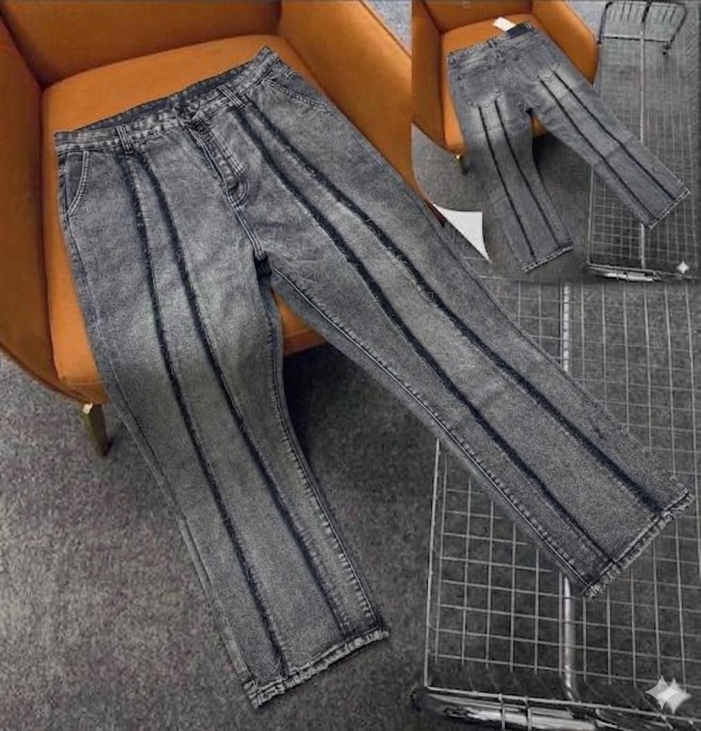 Mineral-Washed Grey Straight Jeans with Triple Raw-Edge Exposed Vertical Seams
