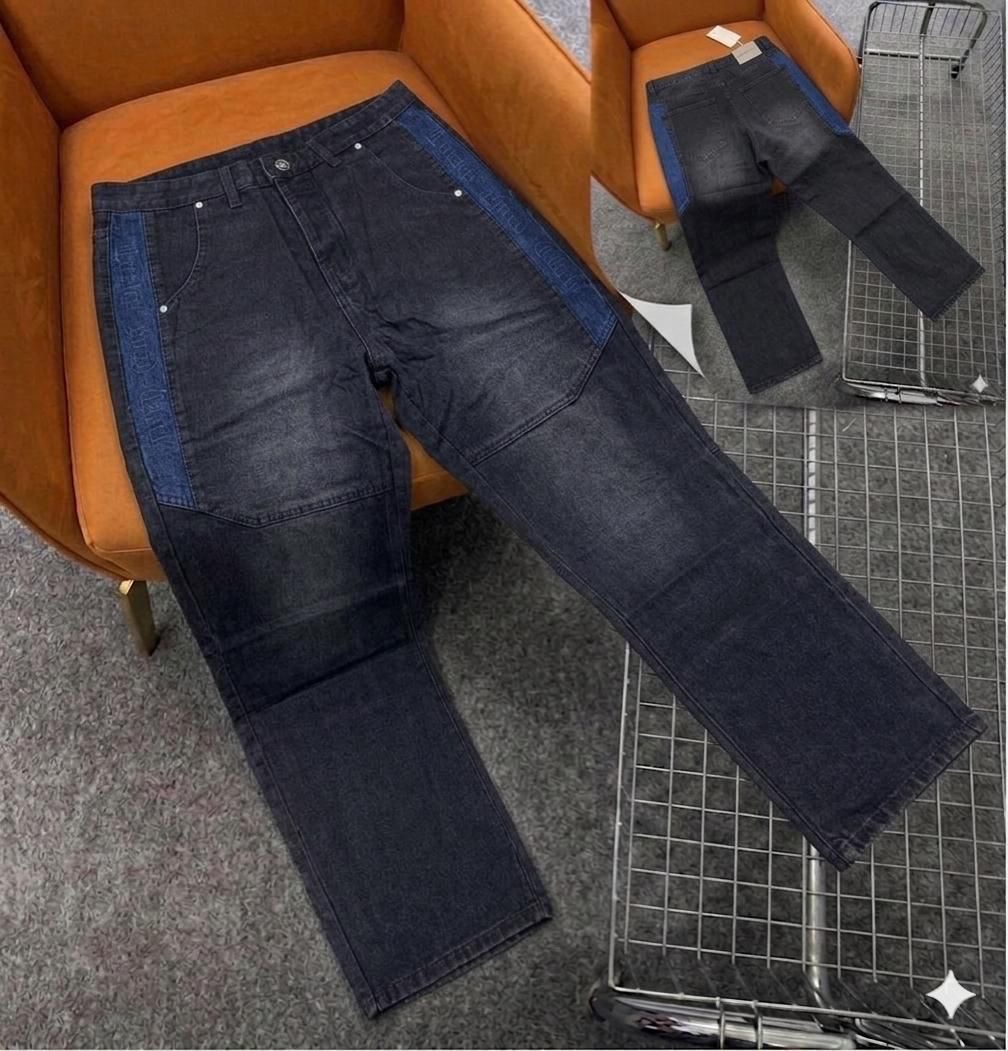 Two-Tone Charcoal Jeans with Contrasting Deep Blue Denim Side Panels