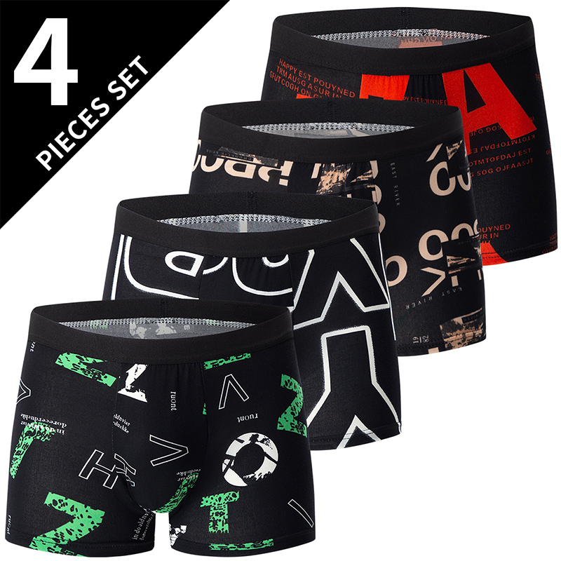 Men's Urban Streetwear Graphic Boxer Briefs Multipack – 4-Piece Set Stretch Comfort Trunks with Typography Prints