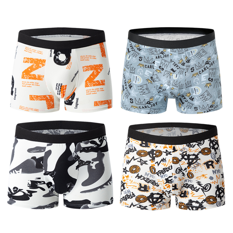 Men's Trendy Mix-Pattern Graphic Boxer Briefs – 4-Pack Breathable Stretch Trunks with Abstract, Doodle, and Camo Prints