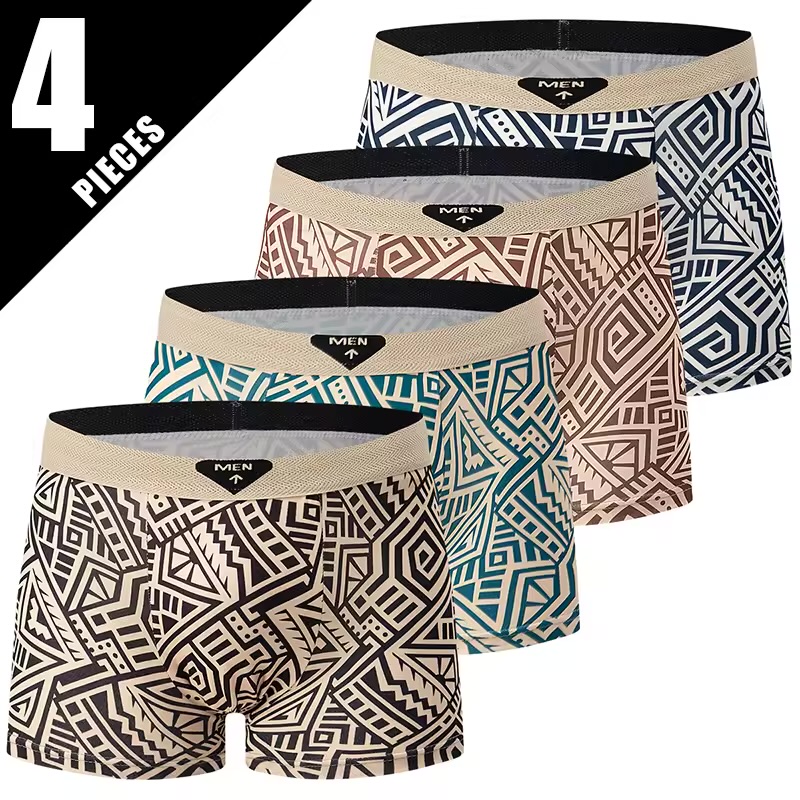 Men's Geometric Tribal Print Boxer Briefs Multipack – 4-Piece Comfort Stretch Trunks with Medallion Accent Waistband