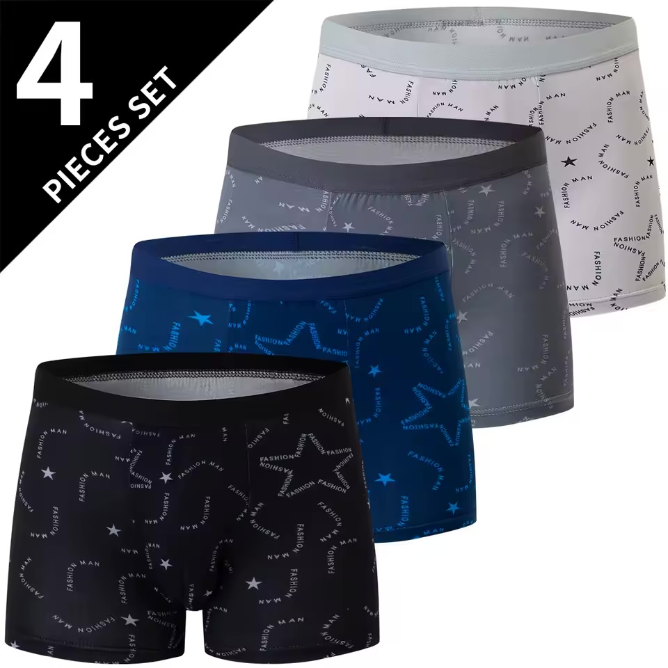 Men's Abstract Linear Wave Boxer Briefs Multipack – 4-Piece Set Sleek Trunks with Scribble Line Patterns