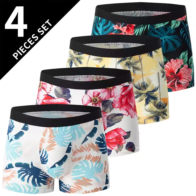 Men's Tropical Vacation Graphic Boxer Briefs – 4-Pack Summer Hibiscus and Palm Print Stretch Trunks