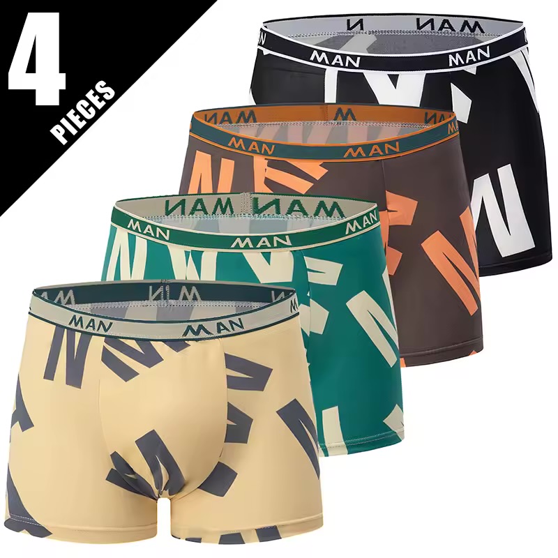 Men's 4-Pack Modern Typography Boxer Briefs – Oversized "MAN" Block Print Stretch Trunks