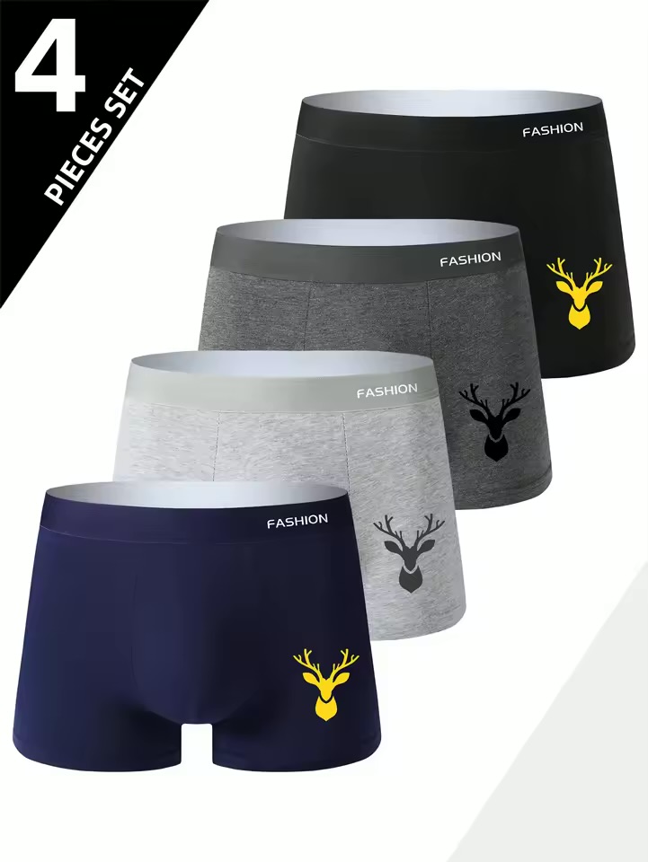Men's Premium Comfort Boxer Briefs Multipack – 4-Piece Set Stretch Trunks with Stag Deer Head Graphic and Fashion Waistband