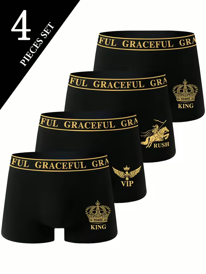 Men's Luxury Gold Graphic Boxer Briefs Multipack – 4-Piece Premium Black Stretch Trunks with Crown and Imperial Motifs