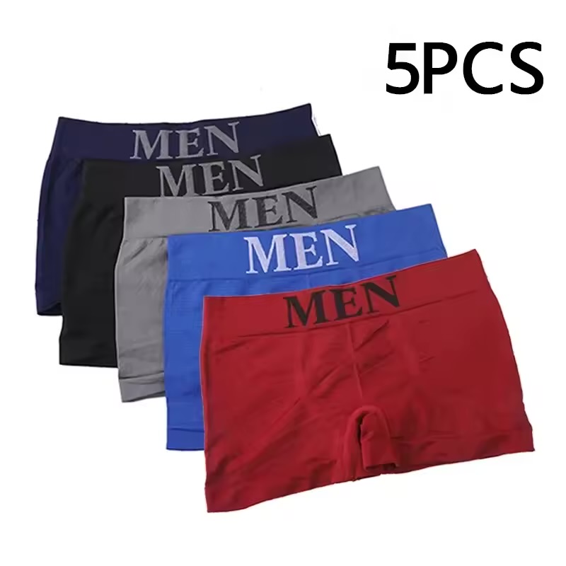 Men's Seamless Stretch Boxer Briefs 5-Pack – Assorted Color Comfort Trunks with Knit-In Waistband Typography
