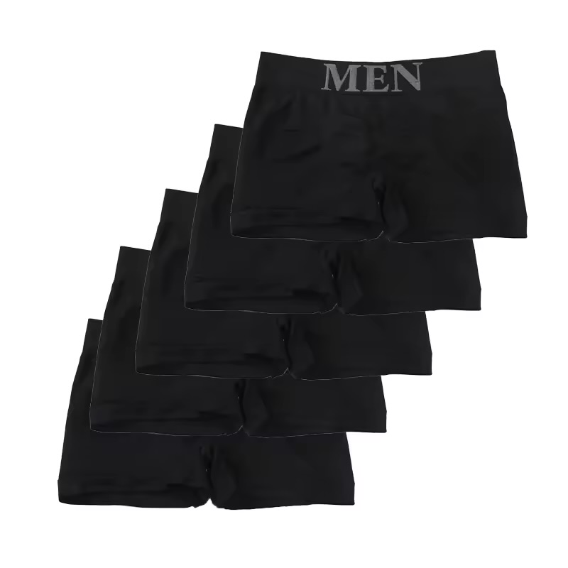 Men's Seamless Stretch Boxer Briefs 5-Pack – Solid Midnight Black Utility Trunks with Contrast Knit Waistband Typography