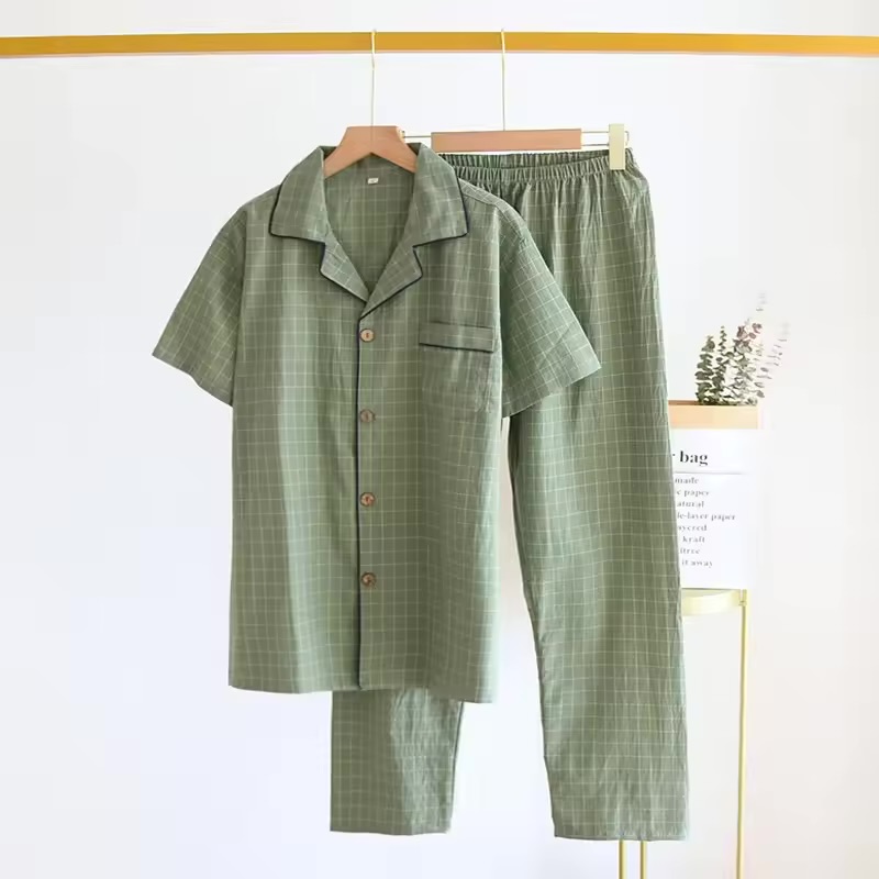 Men's Lightweight Cotton Plaid Pajama Set – Short-Sleeve Button-Up Shirt and Long Pants Loungewear