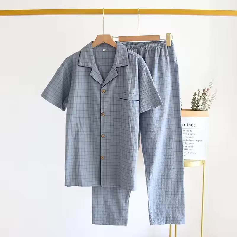 Men's Lightweight Cotton Plaid Pajama Set – Short-Sleeve Button-Up Shirt and Long Pants Loungewear