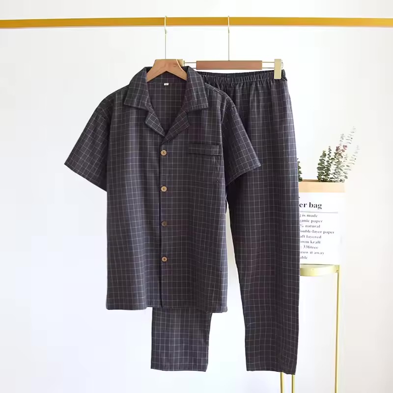 Men's Lightweight Cotton Plaid Pajama Set – Short-Sleeve Button-Up Shirt and Long Pants Loungewear