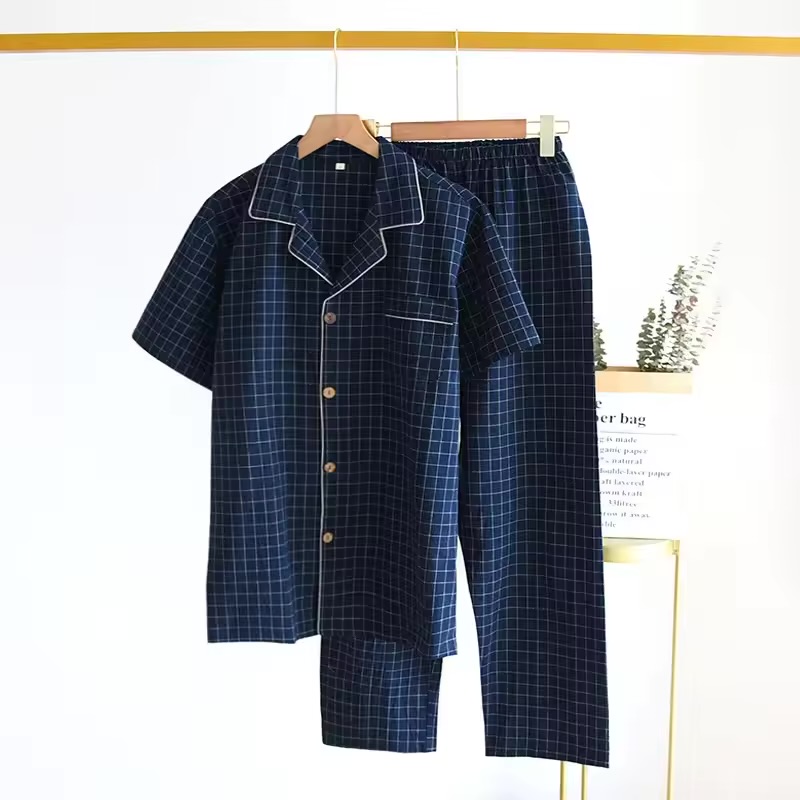 Men's Lightweight Cotton Plaid Pajama Set – Short-Sleeve Button-Up Shirt and Long Pants Loungewear