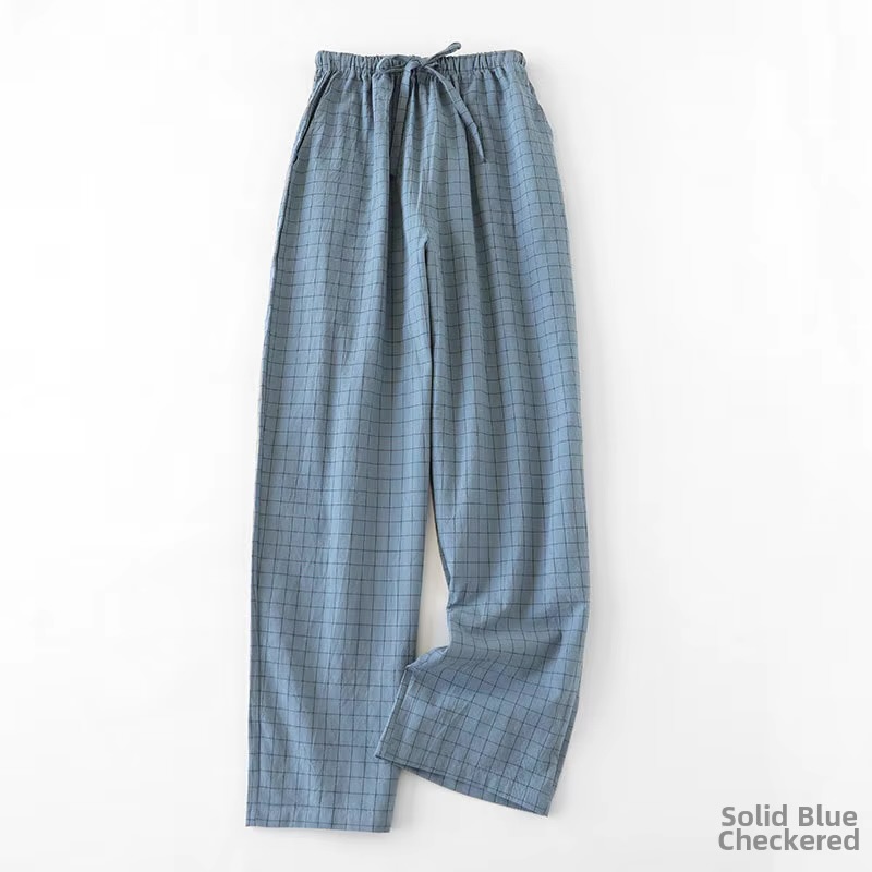 Men's Solid Blue Checkered Cotton Pajama Pants – Lightweight Lounge Trousers with Drawstring Elastic Waist