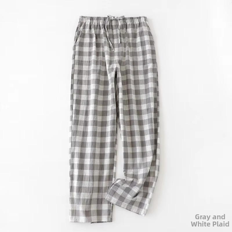 Men's Gray and White Plaid Cotton Pajama Pants – Lightweight Lounge Trousers with Drawstring Elastic Waist