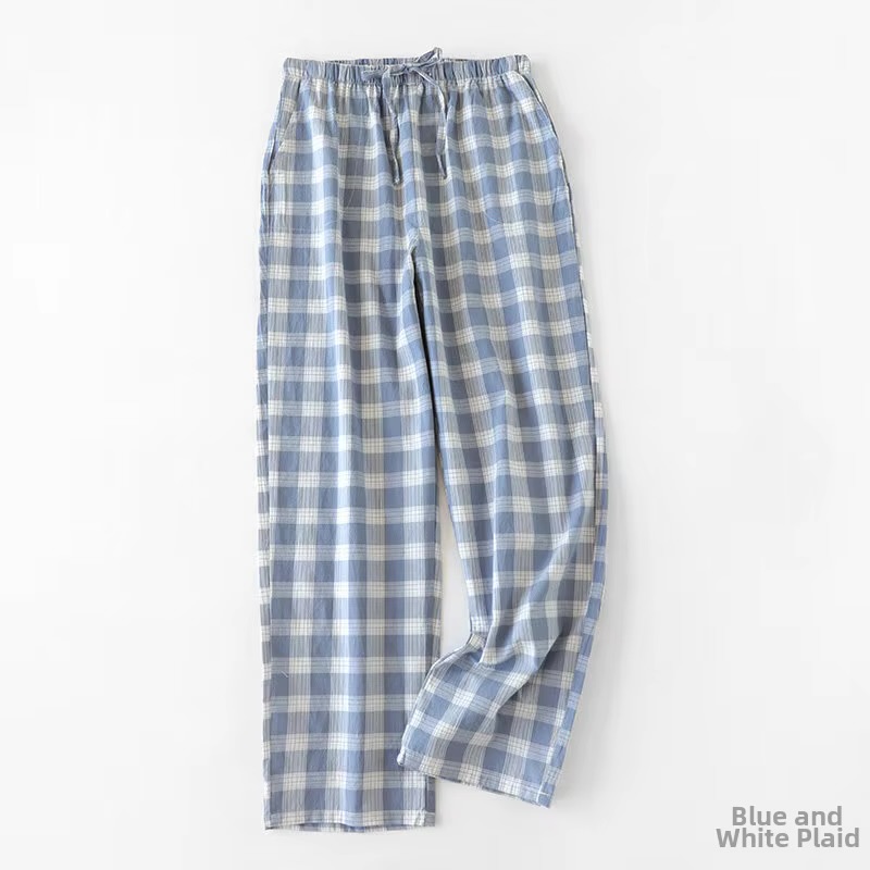 Men's Blue and White Plaid Cotton Pajama Pants – Lightweight Lounge Trousers with Drawstring Elastic Waist
