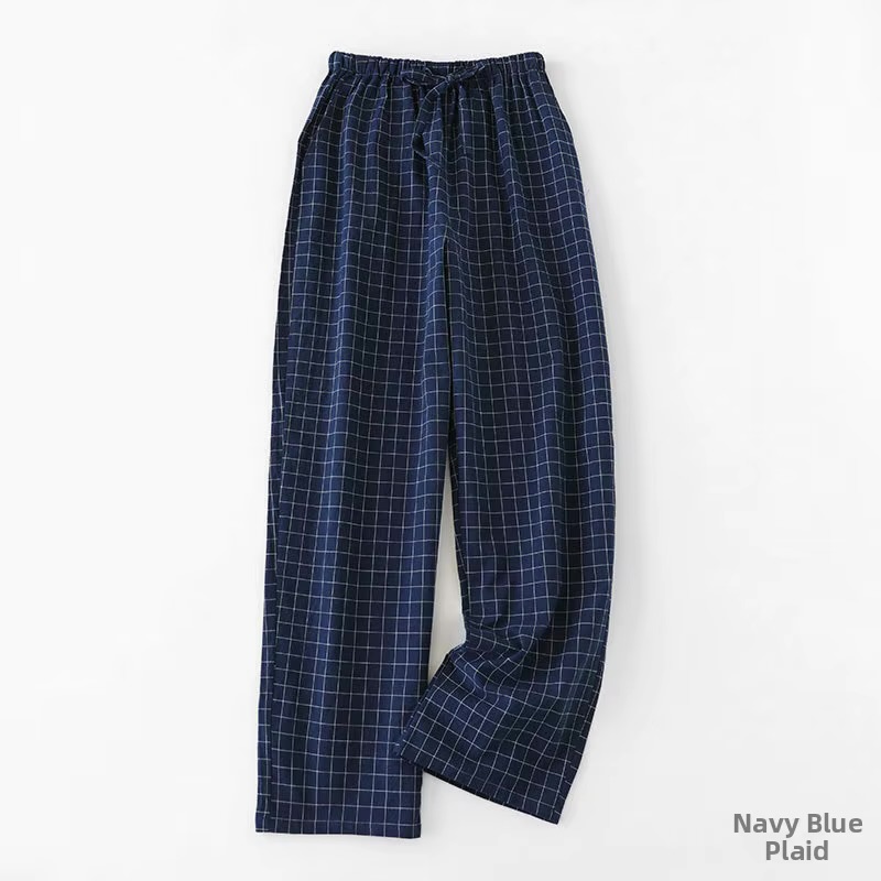 Men's Navy Blue Plaid Cotton Pajama Pants – Lightweight Lounge Trousers with Drawstring Elastic Waist
