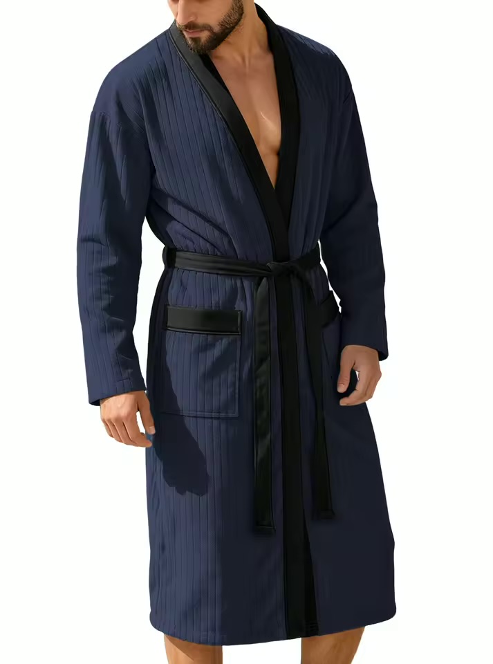 Men's Premium Waffle-Weave Ribbed Bathrobe – Navy Blue Kimono Collar Lounge Robe with Contrast Trim