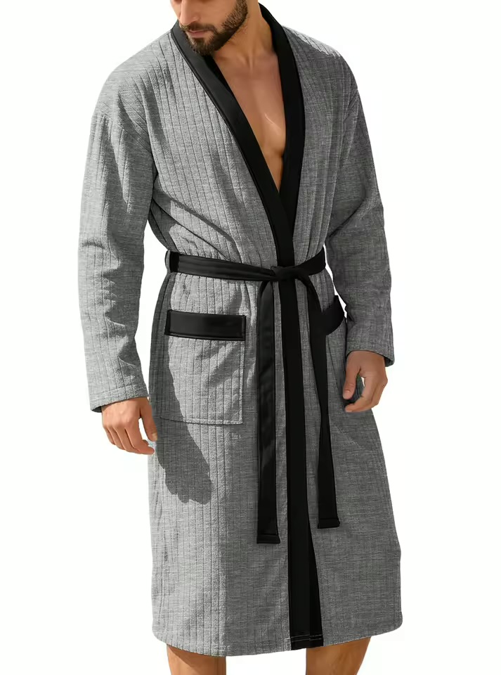 Men's Premium Waffle-Weave Ribbed Bathrobe – Heather Gray Kimono Collar Lounge Robe with Contrast Trim