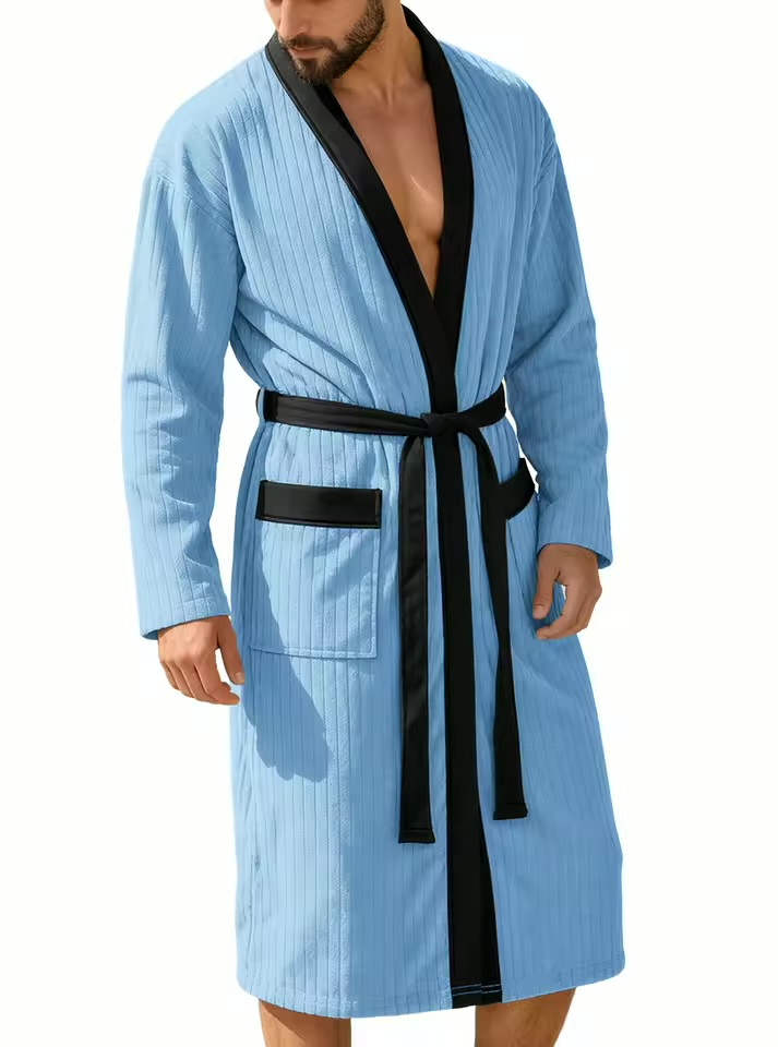 Men's Premium Waffle-Weave Ribbed Bathrobe – Sky Blue Kimono Collar Lounge Robe with Contrast Trim
