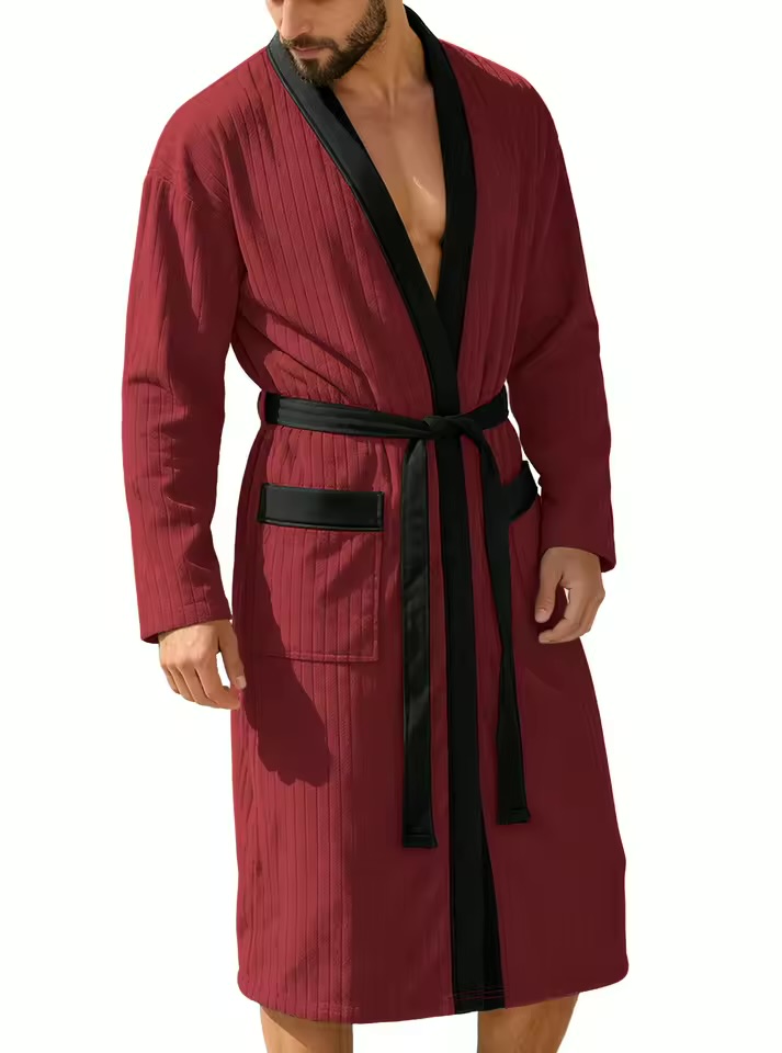 Men's Premium Waffle-Weave Ribbed Bathrobe – Burgundy Red Kimono Collar Lounge Robe with Contrast Trim