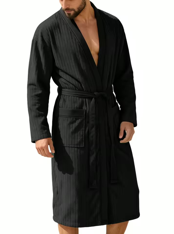 Men's Premium Waffle-Weave Ribbed Bathrobe – Sleek Black Kimono Collar Lounge Robe with Subtle Matte Trim