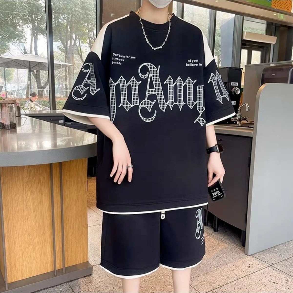 Men's Oversized Black Streetwear Co-ord Set with Bold White Gothic Typography and Layered Accent Trim