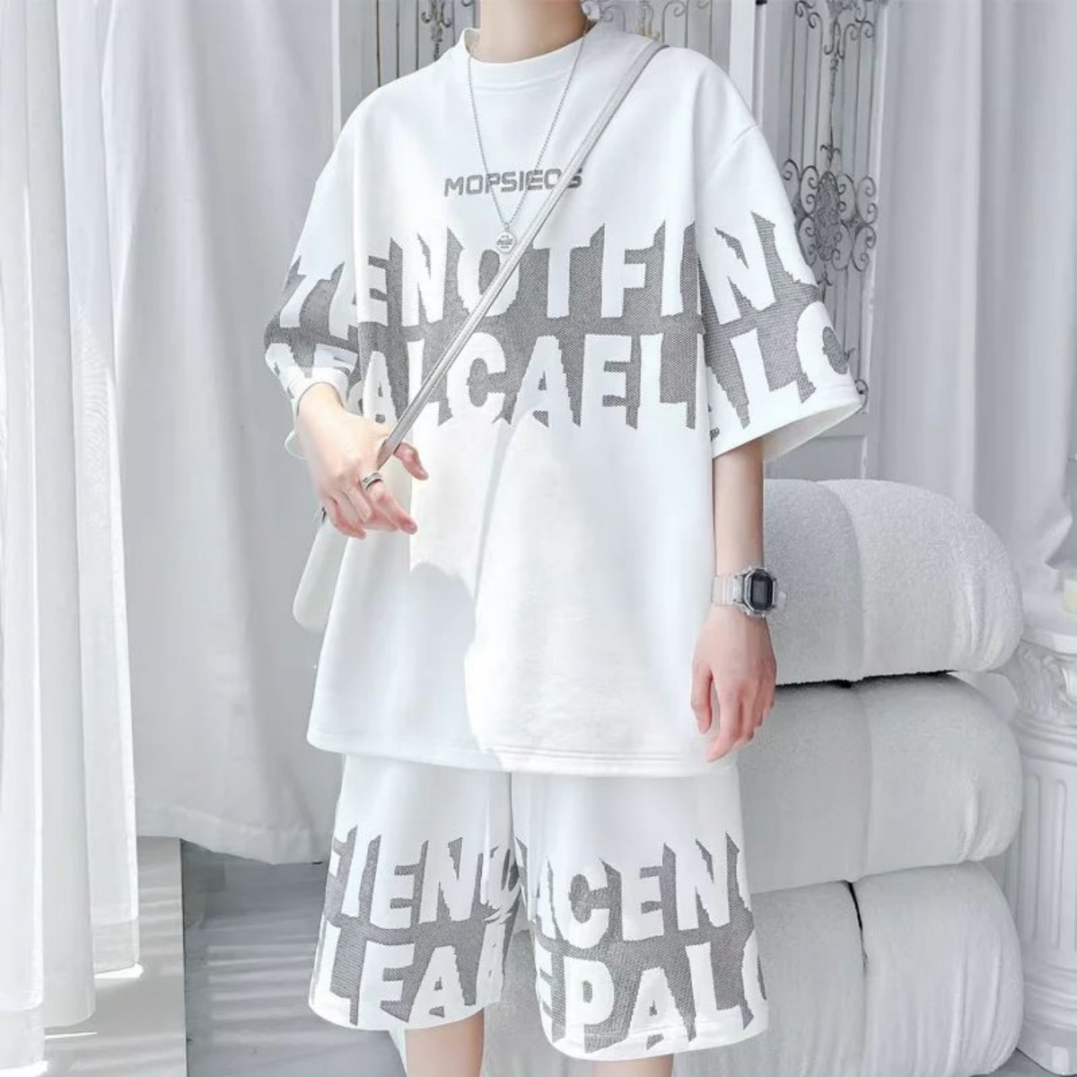Minimalist White Oversized Streetwear Set with All-Over Distressed Grey Block Lettering and Distressed Hem Detailing
