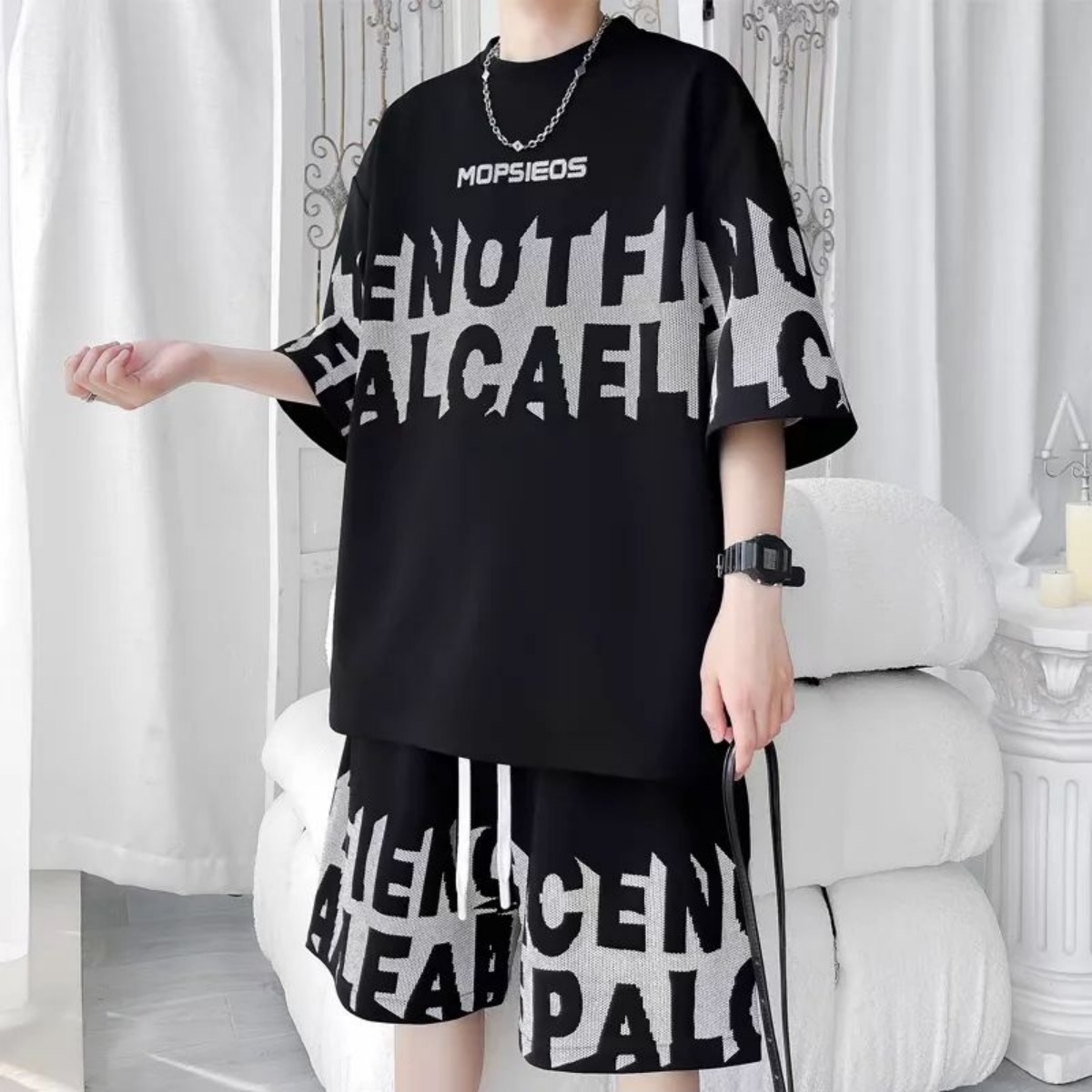 Premium Black Heavyweight Oversized Co-ord Set with Contrasting Grey Gothic Industrial Typography