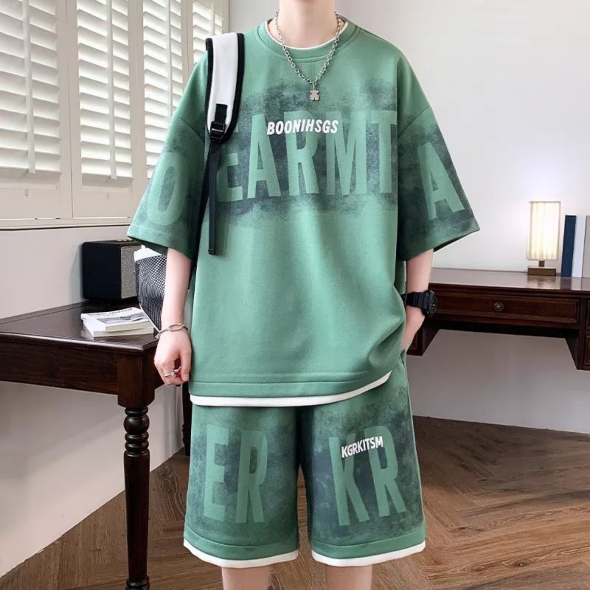 Oversized Sage Green Acid-Wash Streetwear Two-Piece Set with Tonal Graphics and Contrast White Layered Trim