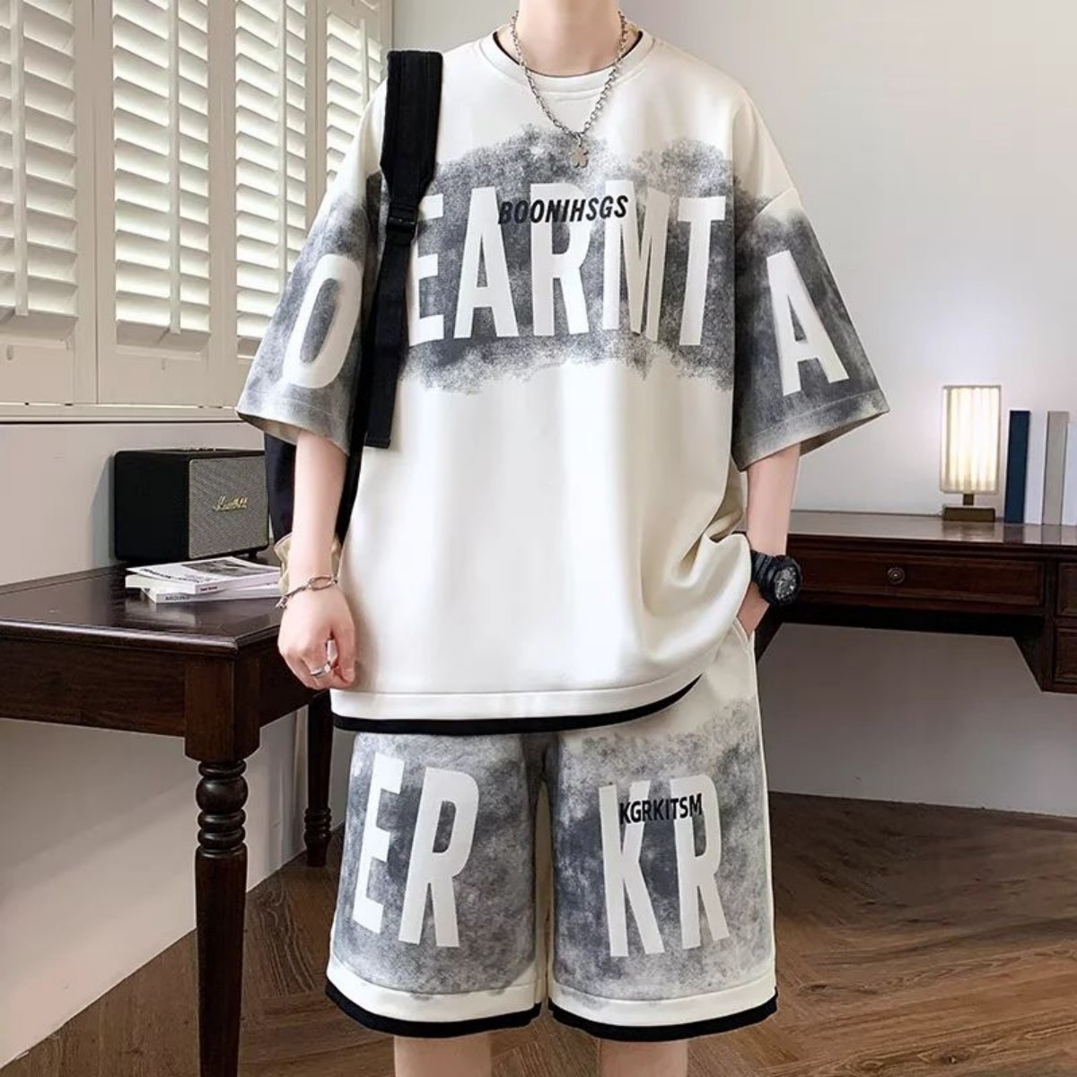 Contemporary Off-White and Smoke Grey Oversized Streetwear Co-ord Set with Heavy Faded Block Printing