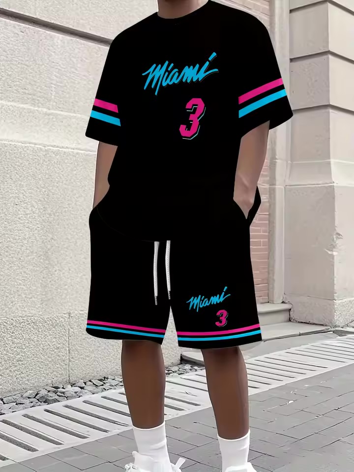 Black Miami Vice Jersey Set Men’s Two-Piece Black Oversized Streetwear T-Shirt and Shorts Set with "Miami 3" Vice-Color Graphics and Contrast Sleeve Striping