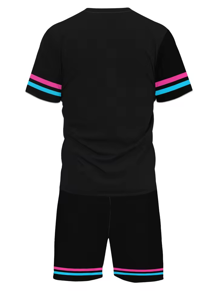 Black Miami Vice Jersey Set Men’s Two-Piece Black Oversized Streetwear T-Shirt and Shorts Set with "Miami 3" Vice-Color Graphics and Contrast Sleeve Striping 2