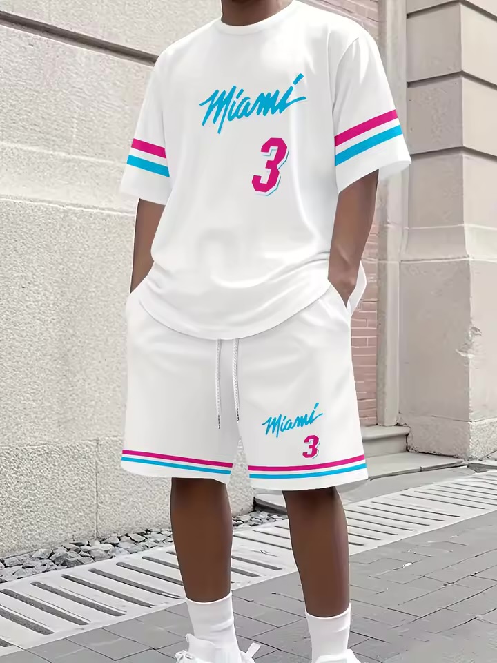 White Miami Vice Jersey Set Men’s Two-Piece White Oversized Streetwear T-Shirt and Shorts Set with "Miami 3" Vice-Color Graphics and Contrast Sleeve Striping