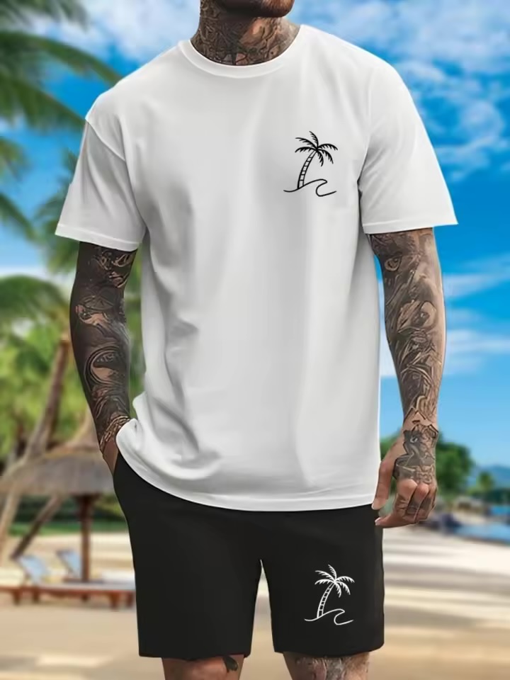 Solid White Palm Tree Icon Set Men’s Two-Piece High-Contrast Casual Set Featuring White Crewneck T-Shirt and Black Shorts with Palm Tree Icons