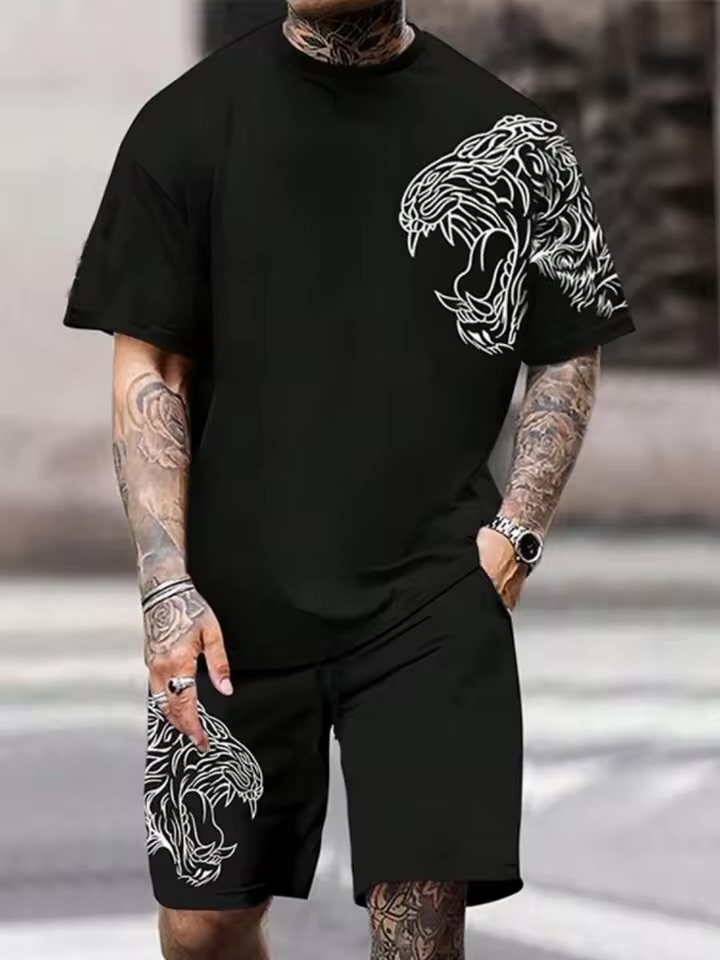 Black Roaring Tiger Set Men’s Urban Streetwear Black Two-Piece Set with White Abstract Roaring Tiger Line Graphic