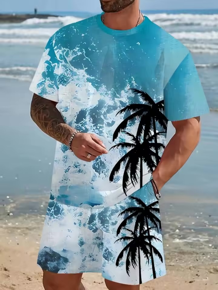 Blue Ocean Wave & Palm Tree Set Men’s Two-Piece Cerulean Blue Tropical Vacation Set with All-Over Ocean Wave Graphic and Black Palm Tree Silhouettes