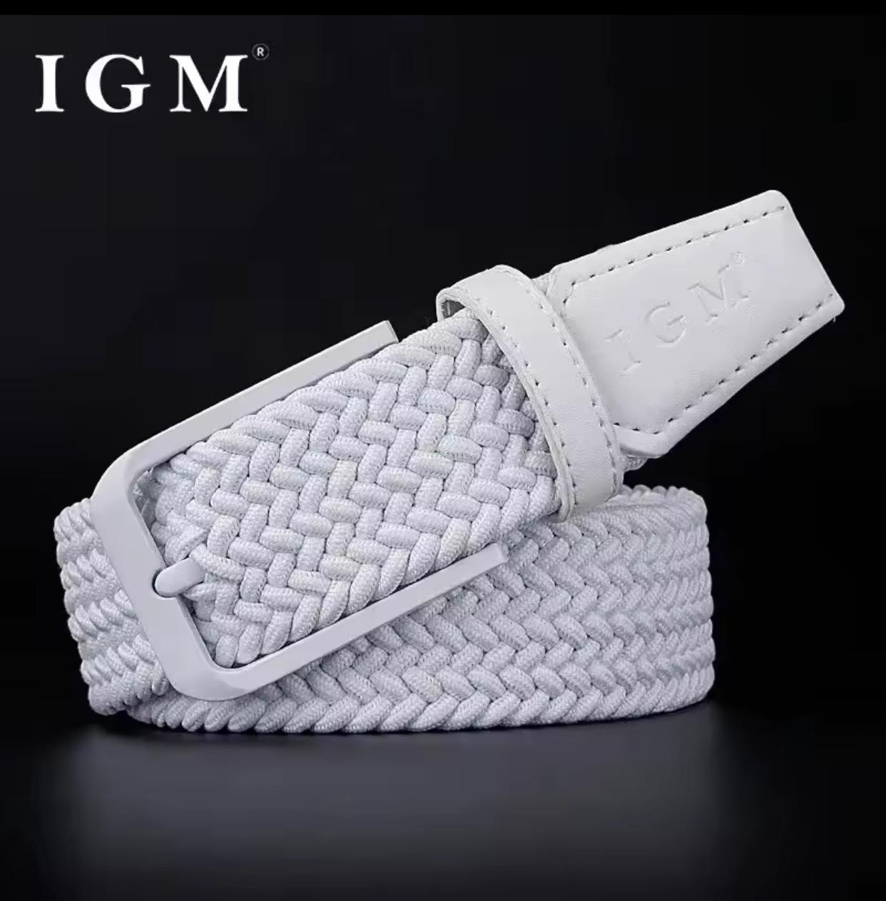 IGM Men's Elastic Braided Belt – Classic White Woven Stretch Waist Strap with Matte White Pin Buckle, Casual Sports Golf Belt, Unisex Adjustable Fabric Waistband for Chinos, Shorts, and Jeans