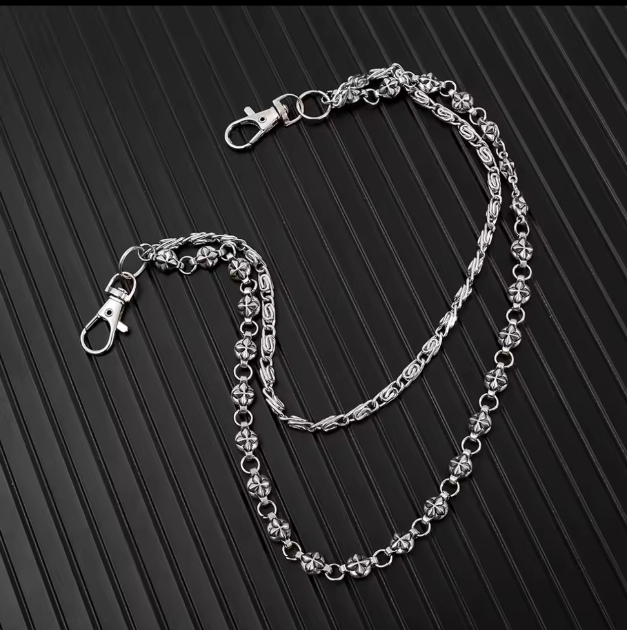 Gothic Layered Cross Ball and S-Link Pants Chain – Punk Rock Silver Metal Wallet Key Chain with Textured Star Cross Beads, Y2K Harajuku Grunge Streetwear Hip-Hop Trousers Belt Accessory